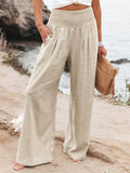 Smocked High Waist Wide Leg Linen Blend Trousers