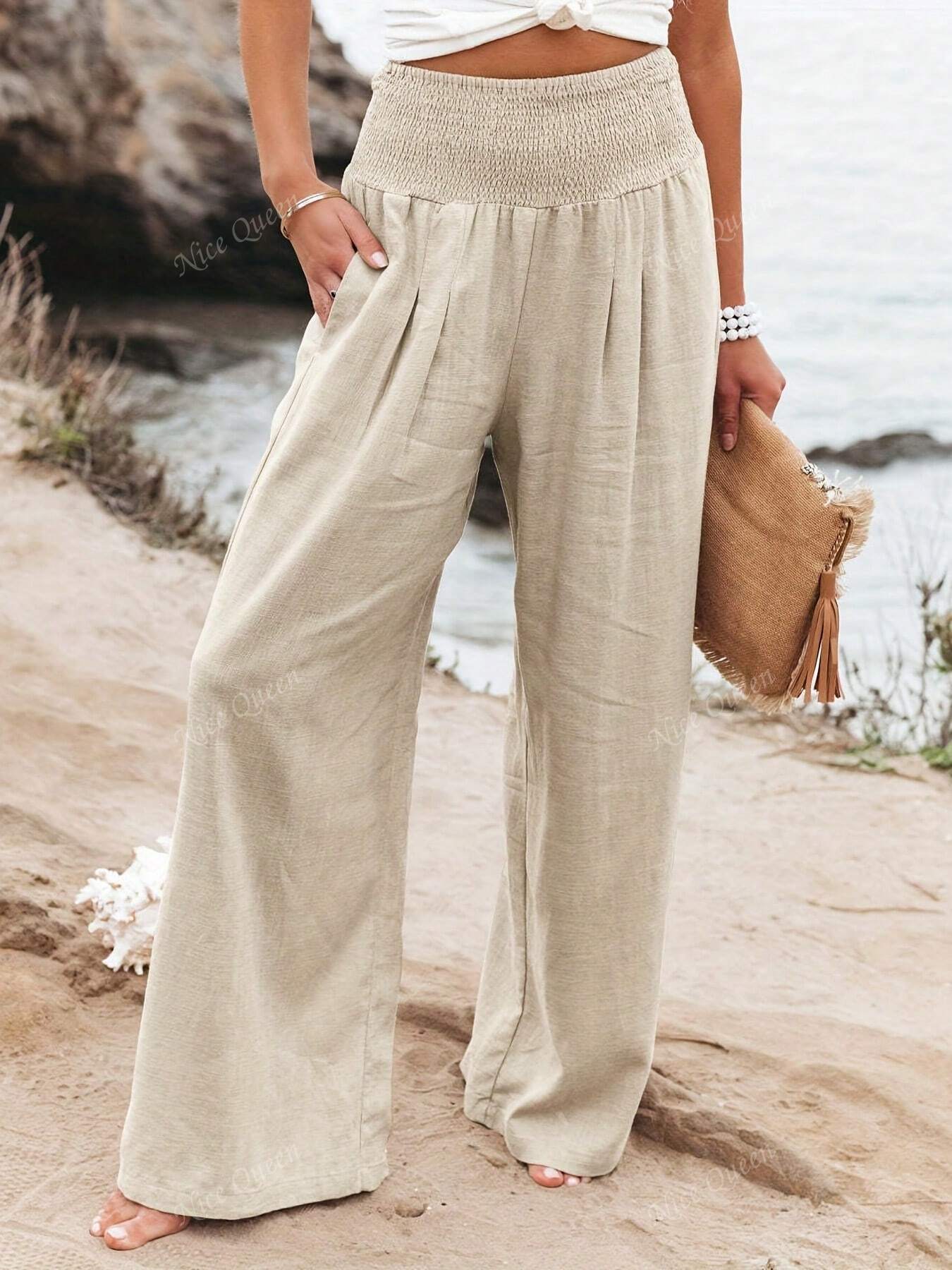 Smocked High Waist Wide Leg Linen Blend Trousers