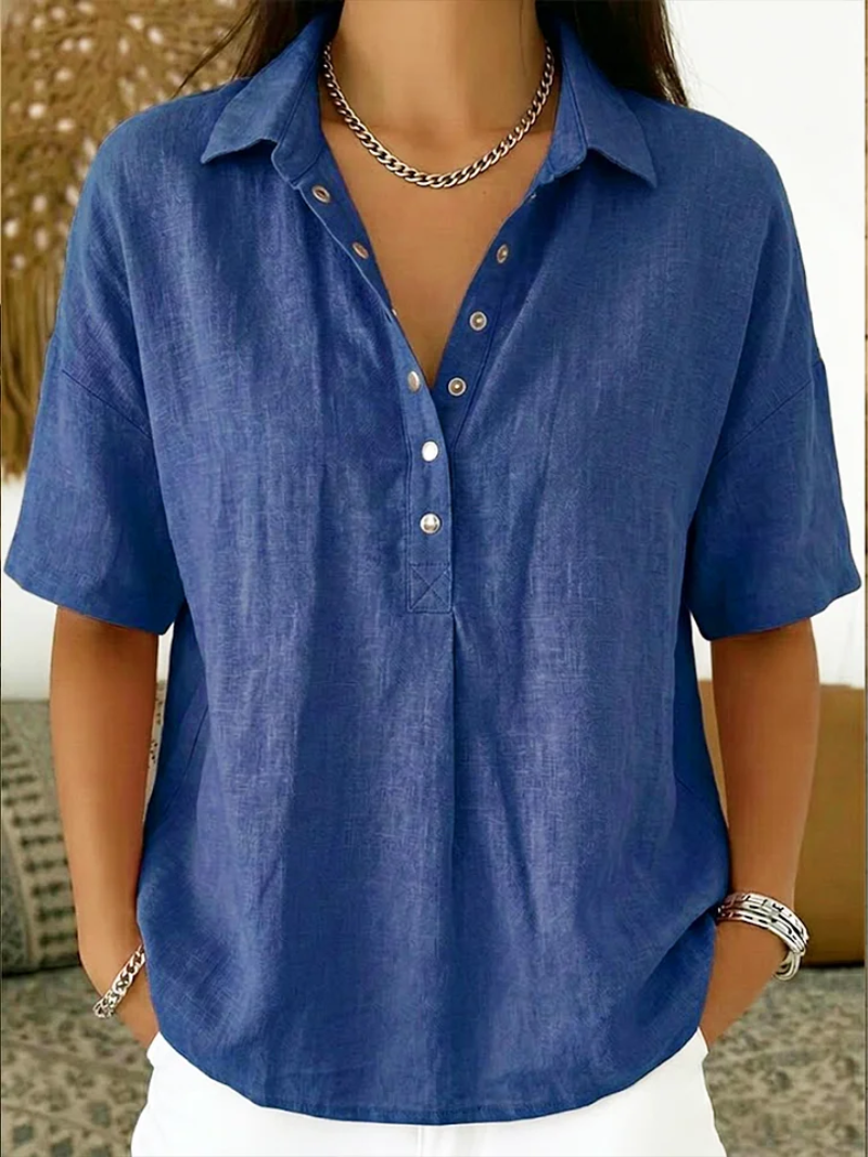 Linen Blend Collared Popover Shirt with Snap Buttons