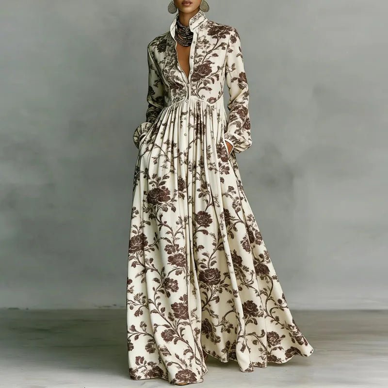 Geometric Print Button-Front Long Sleeve Maxi Dress