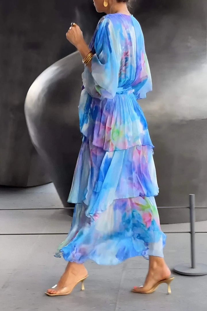 Watercolor Print Wrap Tiered Ruffle Maxi Dress