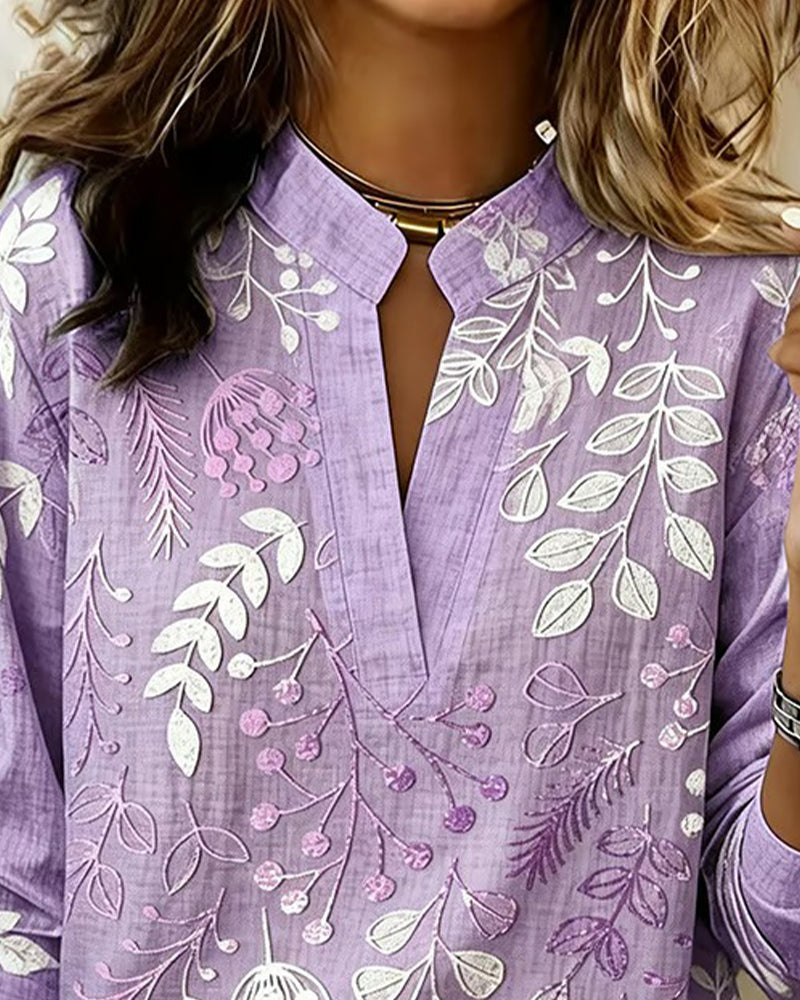 Botanical Print Notched Collar Long Sleeve Blouse