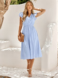 Textured Button-Front Midi Dress with Ruffle Sleeves