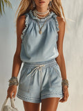 Chambray Two-Piece Set with Ruffle Top and Drawstring Shorts