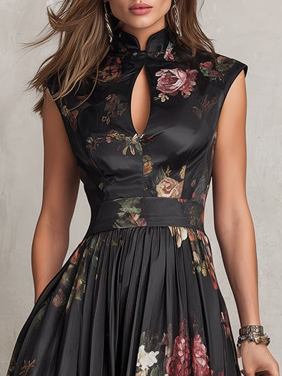 Floral Print Keyhole Neck Fit and Flare Midi Dress