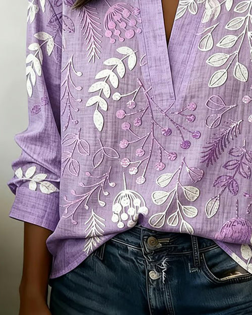 Blouse à manches longues avec col cranté et imprimé botanique
