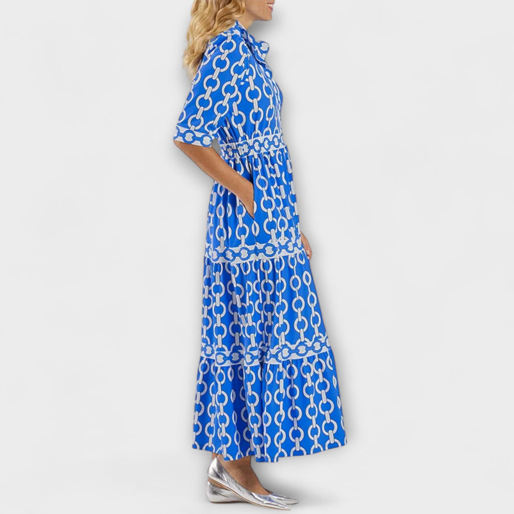 Chain Print Collared Tiered Midi Shirt Dress
