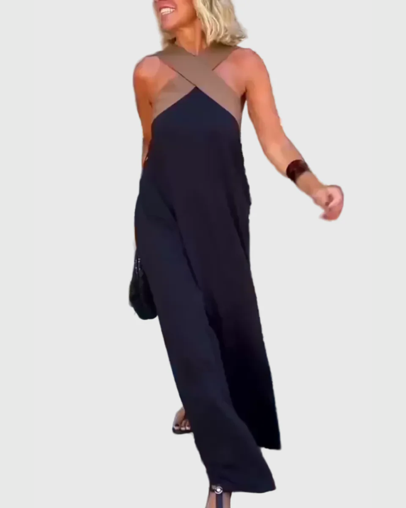 Criss Cross Halter Neck Contrast Maxi Dress