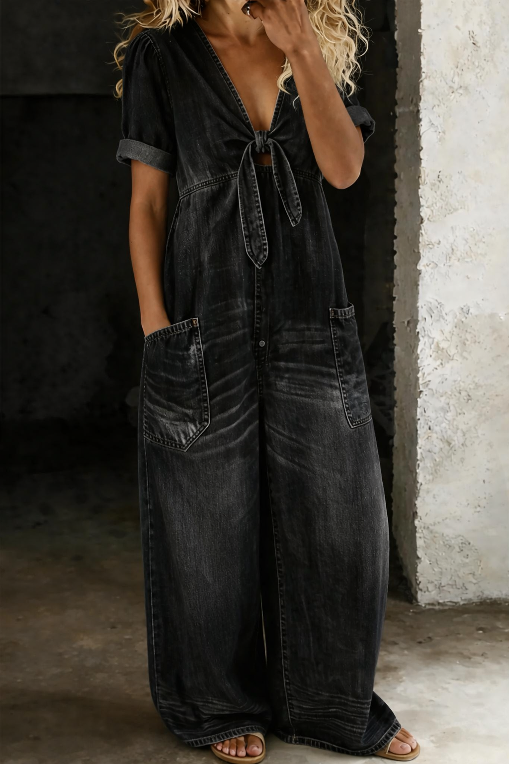 Combinaison en jean à jambes larges, nouée sur le devant, avec poches
