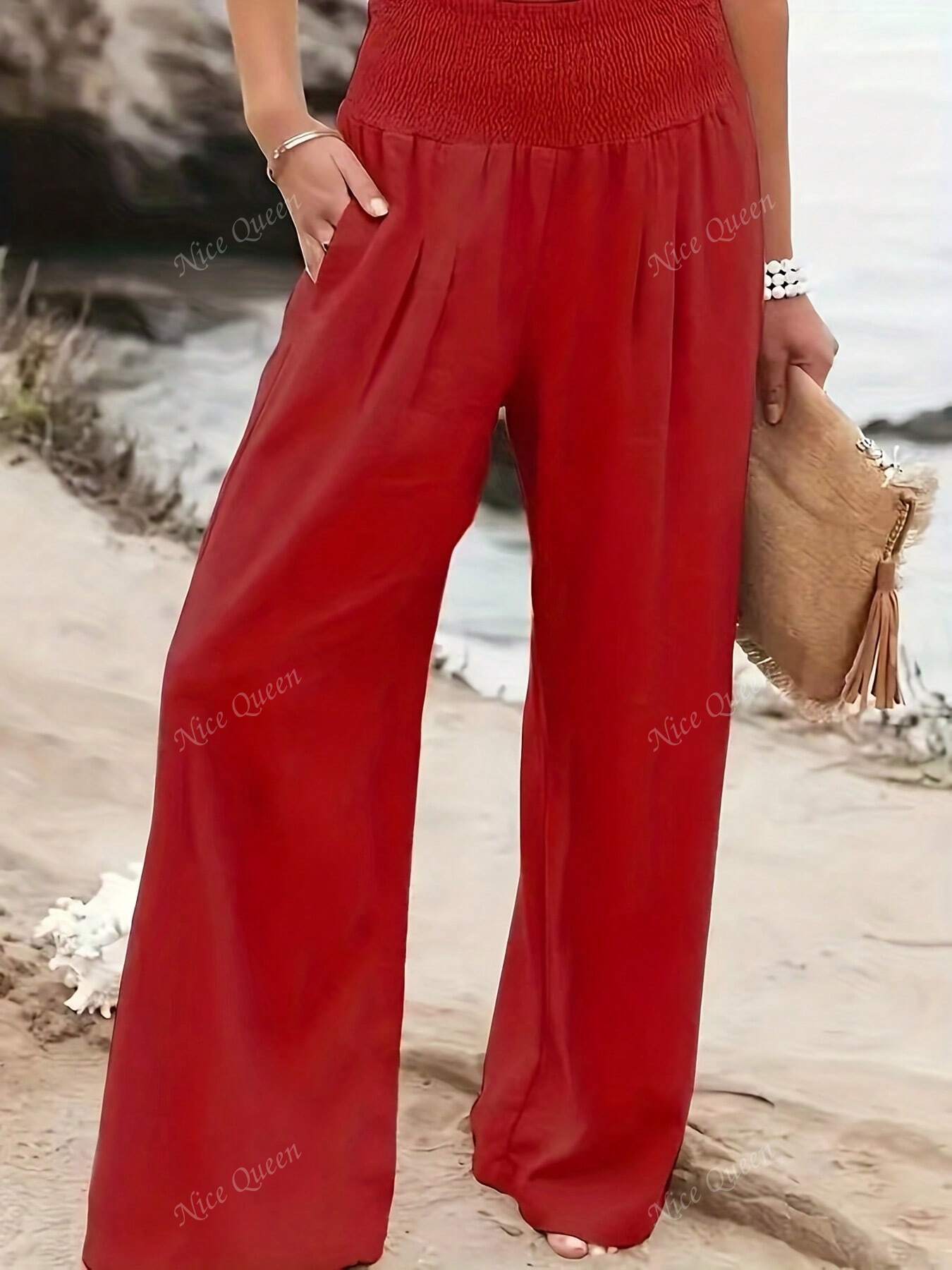 Smocked High Waist Wide Leg Linen Blend Trousers