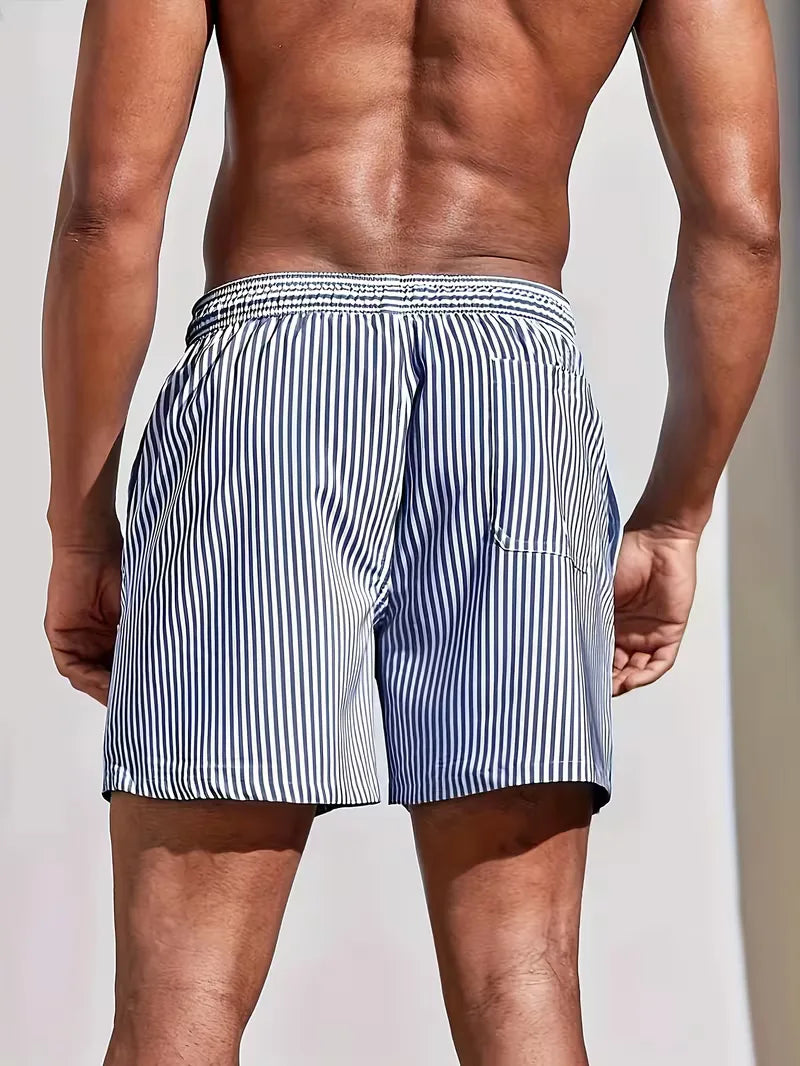 Striped Quick-Dry Swim Shorts with Drawstring Waist