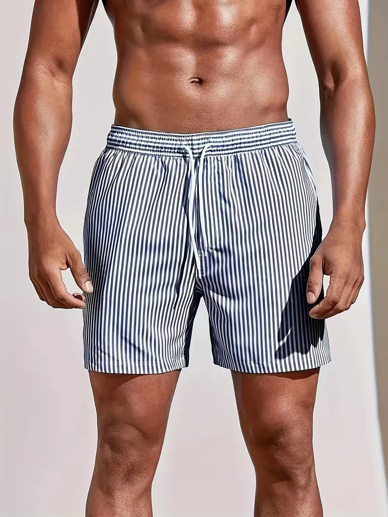 Striped Quick-Dry Swim Shorts with Drawstring Waist