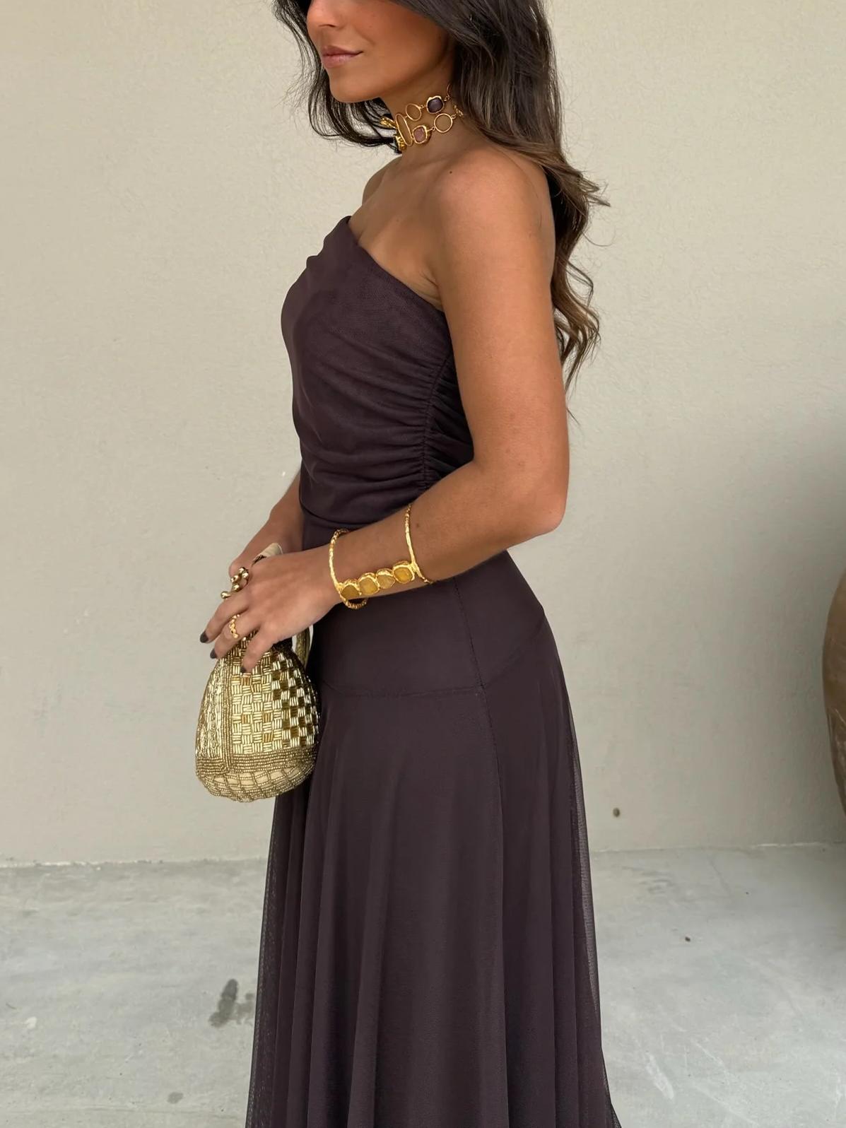 Off-Shoulder Sheer Mesh Flowy Maxi Dress
