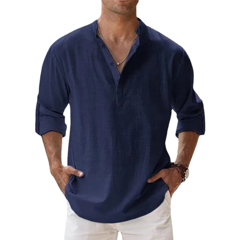Chemise Henley en lin à manches longues avec col officier
