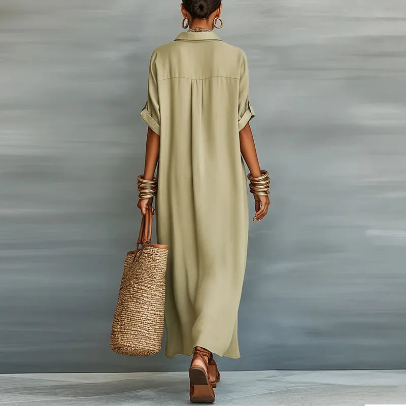 Linen Blend Collared Button-Front Maxi Shirt Dress