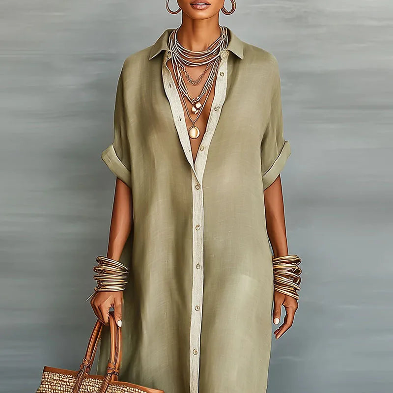Linen Blend Collared Button-Front Maxi Shirt Dress
