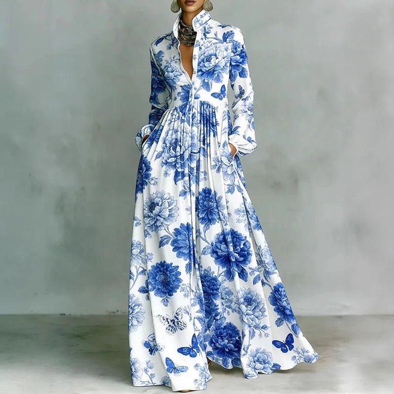 Geometric Print Button-Front Long Sleeve Maxi Dress