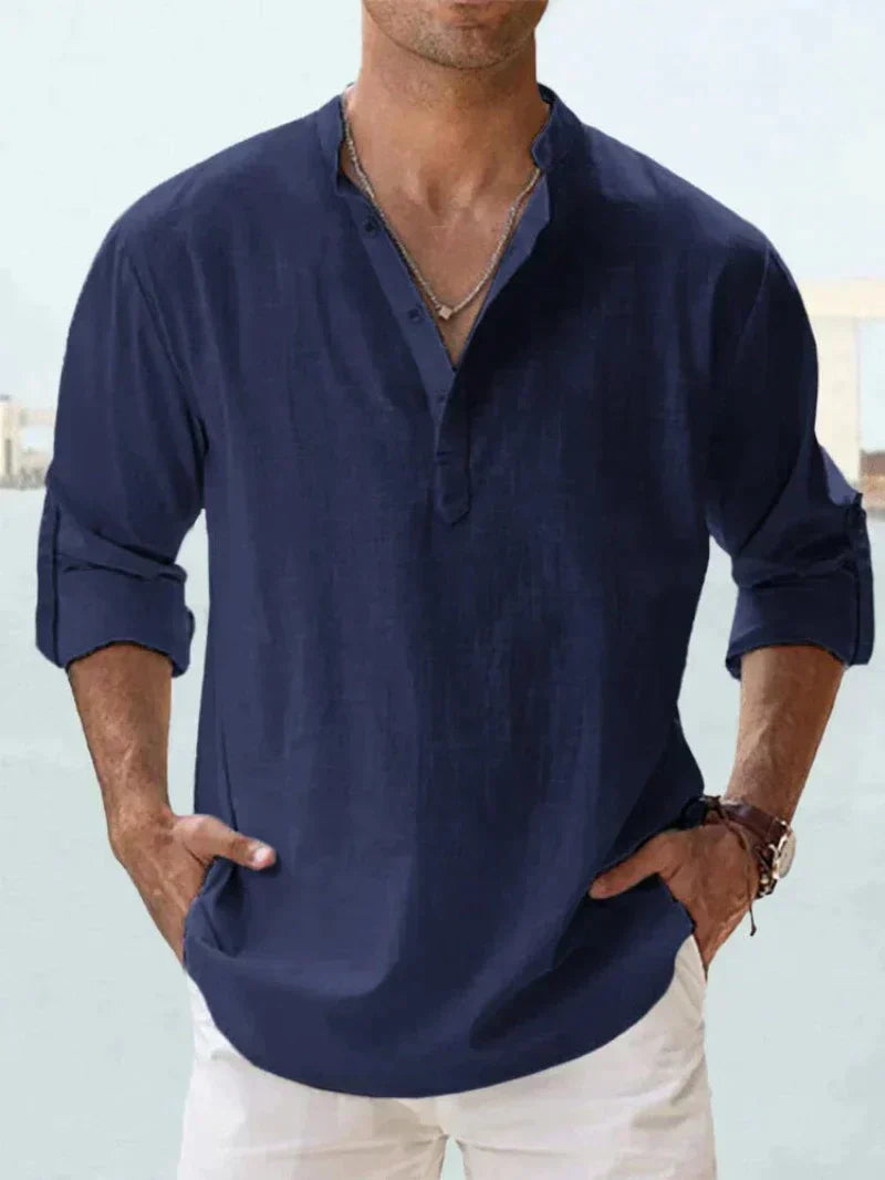 Linen Blend Long Sleeve Popover Shirt with Open Collar