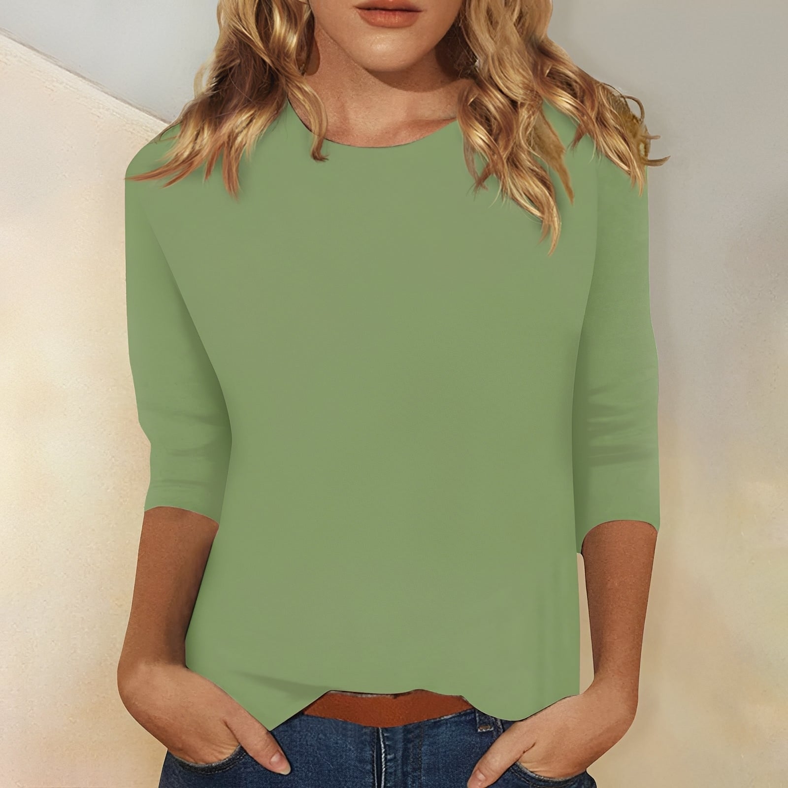 Round Neck Three-Quarter Sleeve Basic Top