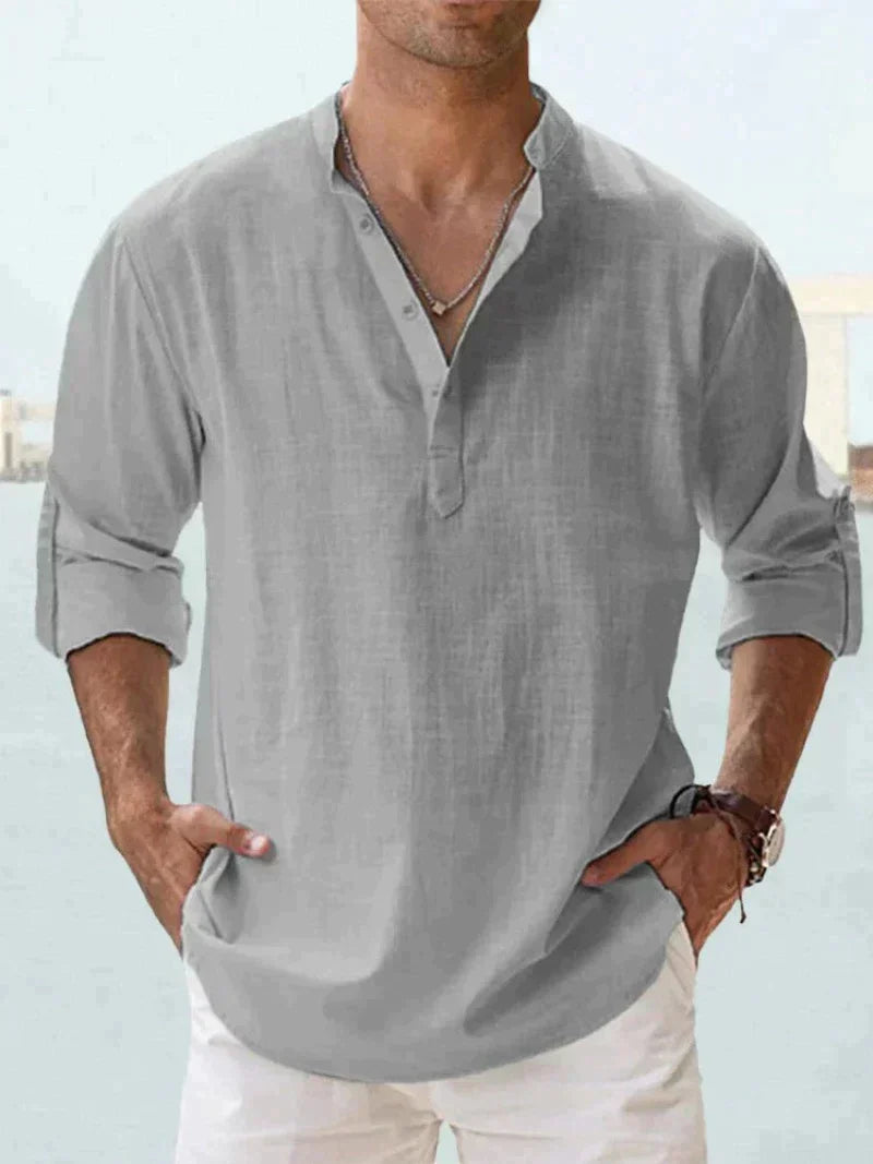 Linen Blend Long Sleeve Popover Shirt with Open Collar