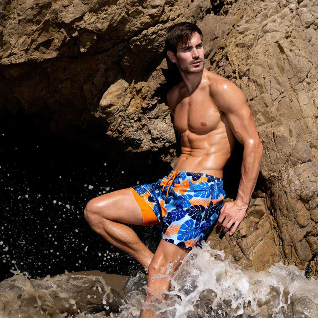 Tropical Print Quick-Dry Swim Shorts with Inner Lining