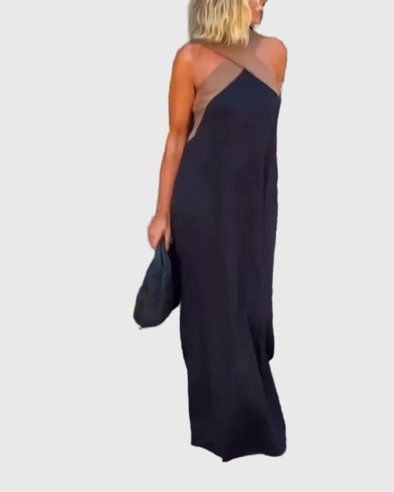 Criss Cross Halter Neck Contrast Maxi Dress