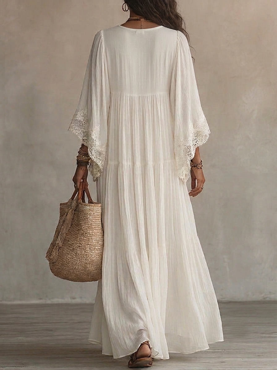 Boho Lace Trim Tiered Maxi Dress with Flared Sleeves