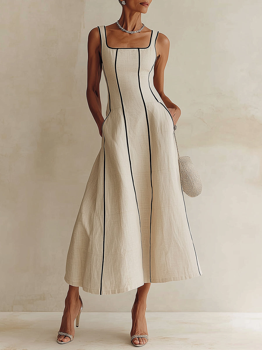 Contrast Piping Square Neck Fit-and-Flare Midi Dress
