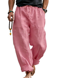 Loose Linen Blend Drawstring Trousers with Turn-Up Hem