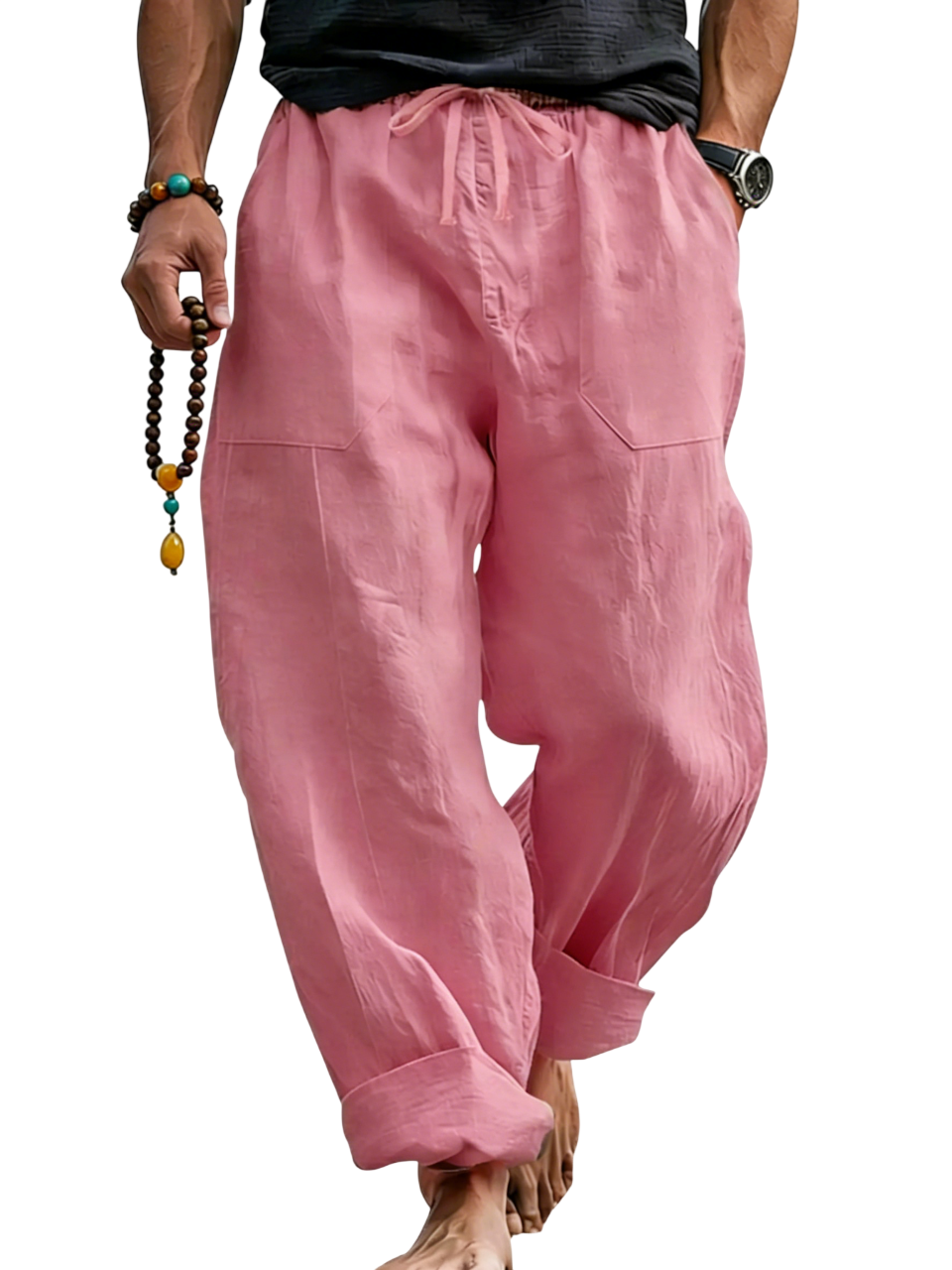 Loose Linen Blend Drawstring Trousers with Turn-Up Hem