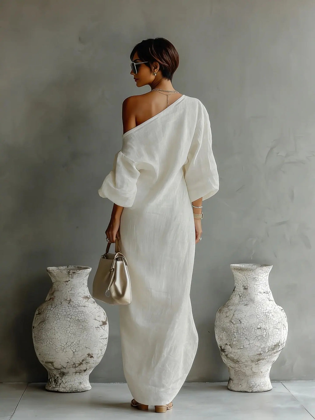 Asymmetric One-Shoulder Linen Blend Maxi Dress