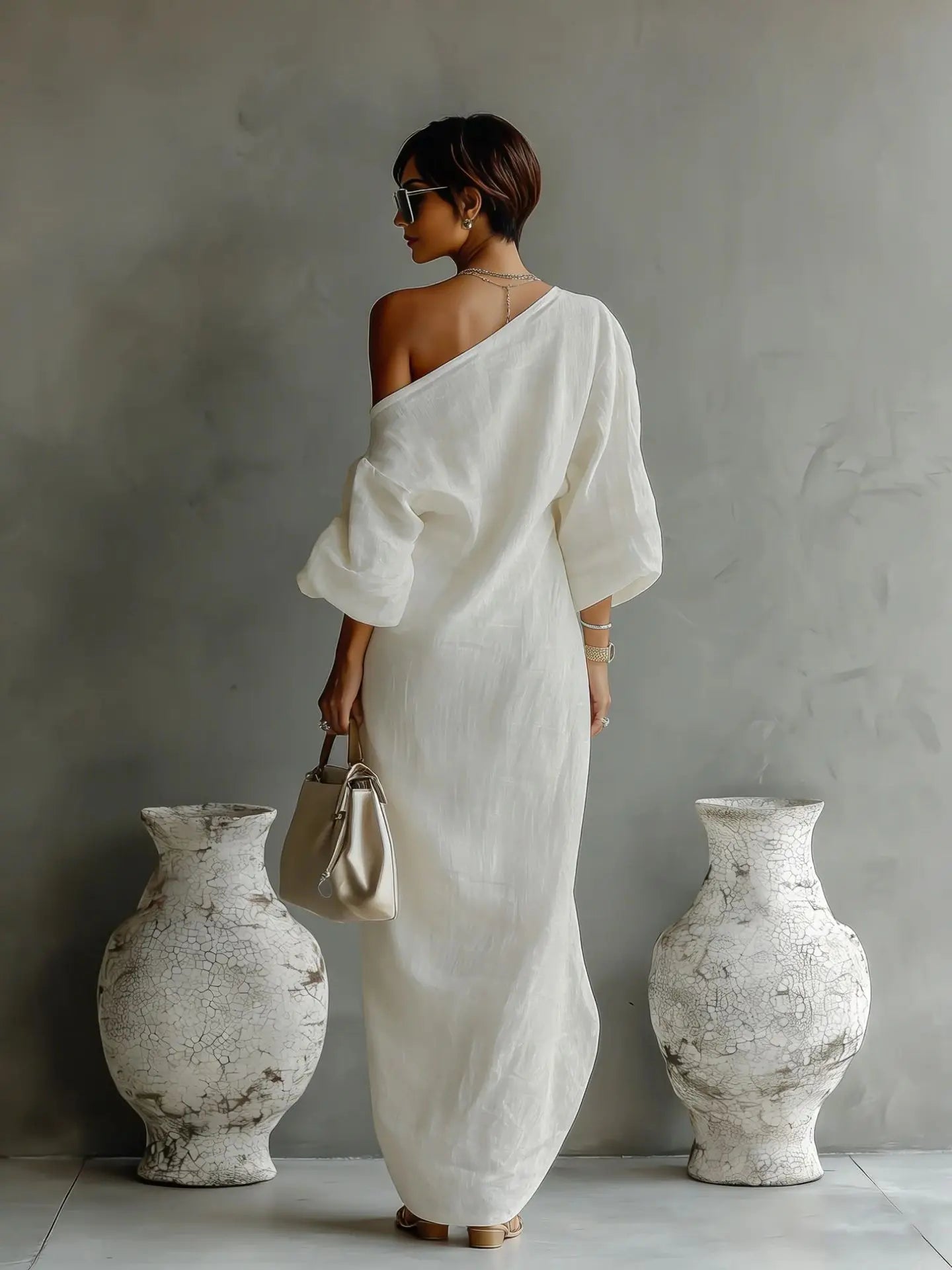 Asymmetric One-Shoulder Linen Blend Maxi Dress