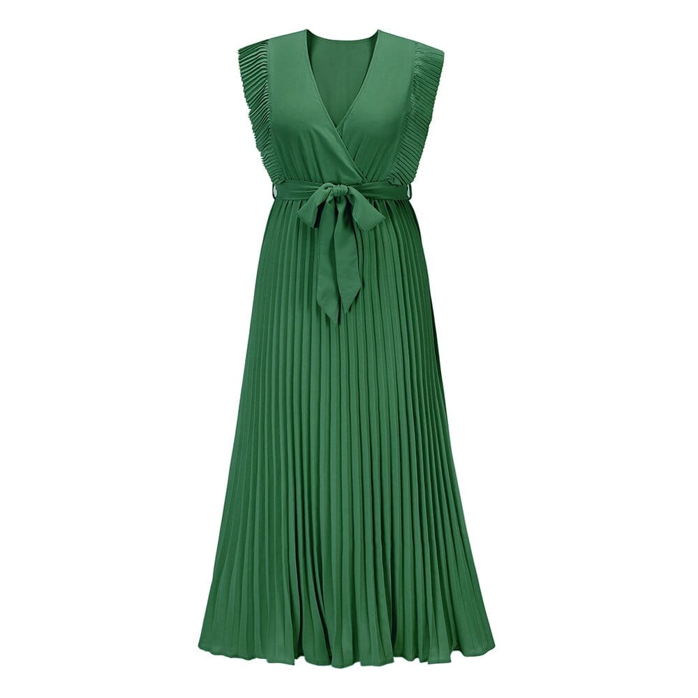 Pleated Wrap Maxi Dress with Tie Waist and Ruffle Sleeves