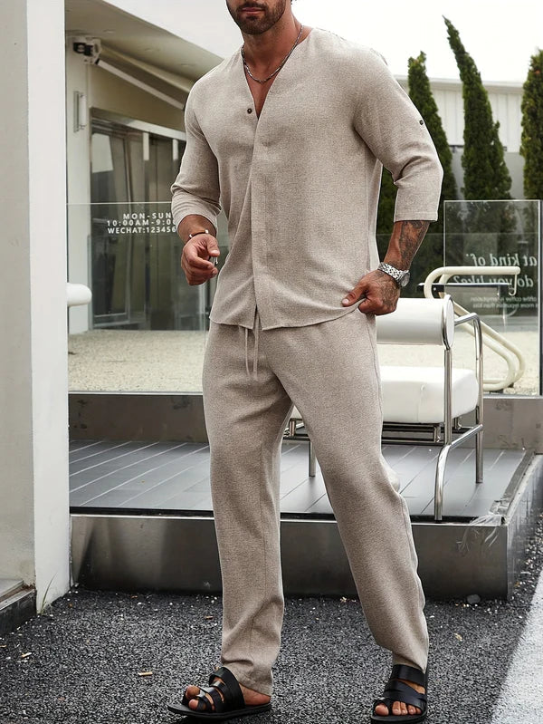 Knit Long Sleeve Shirt and Trousers Two Piece Set