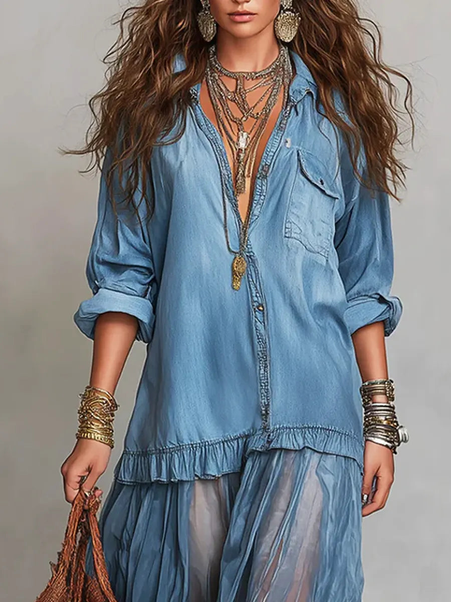 Robe longue transparente à volants avec corsage en jean pour femme