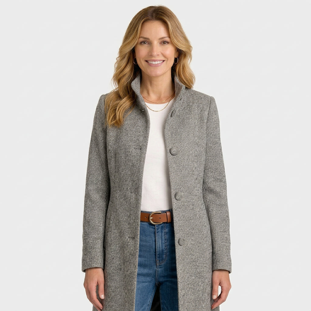 Women’s Stand Collar Long Coat – Button Front Tailored Style