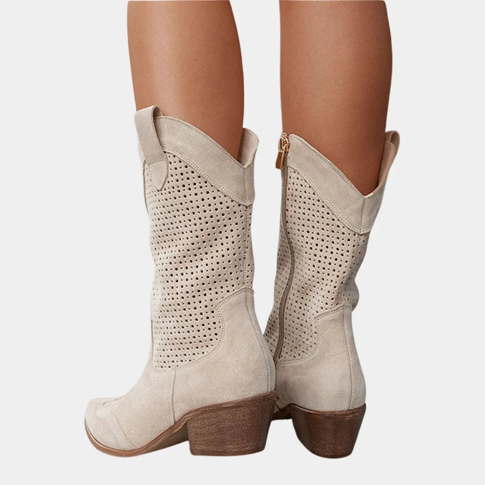 Bottes western perforées à talon bloc et tige mi-mollet