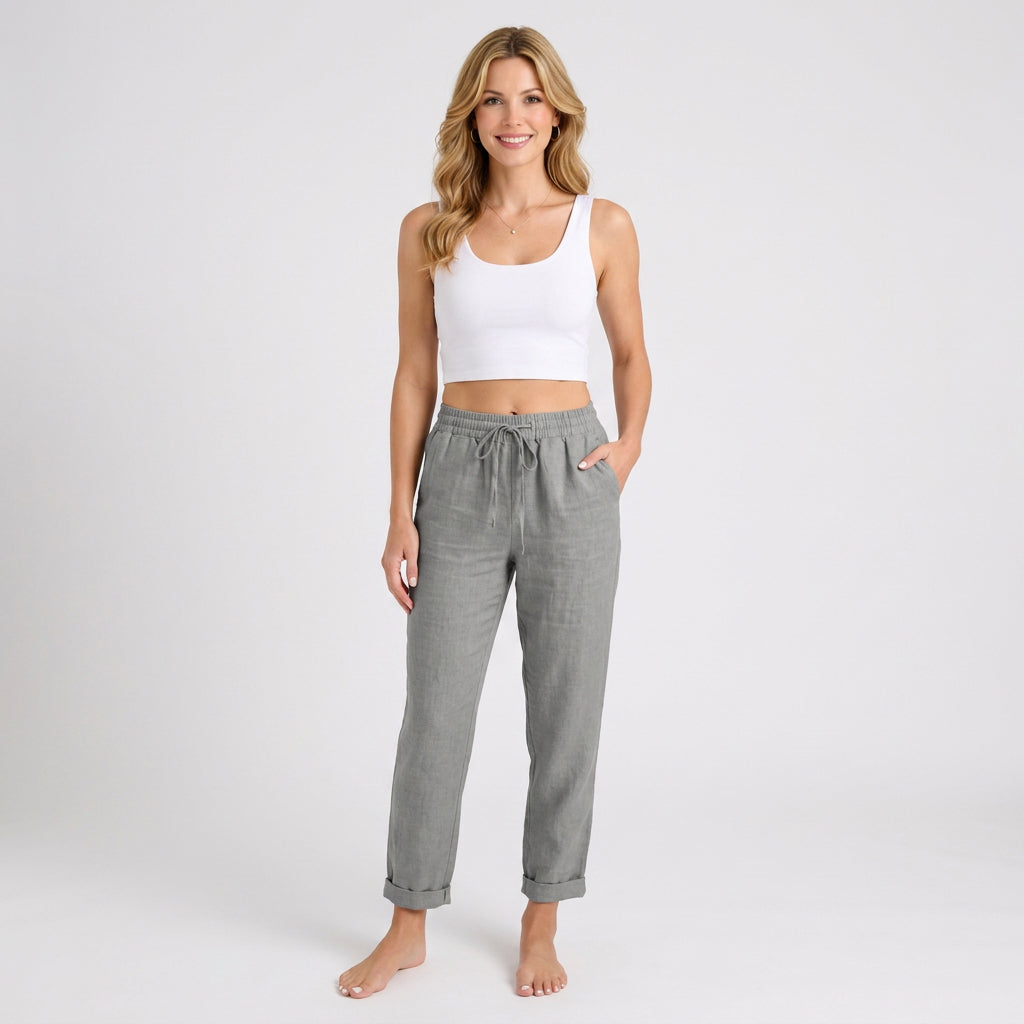 Women’s Drawstring Linen Pants – Elastic Waist Straight Leg Style