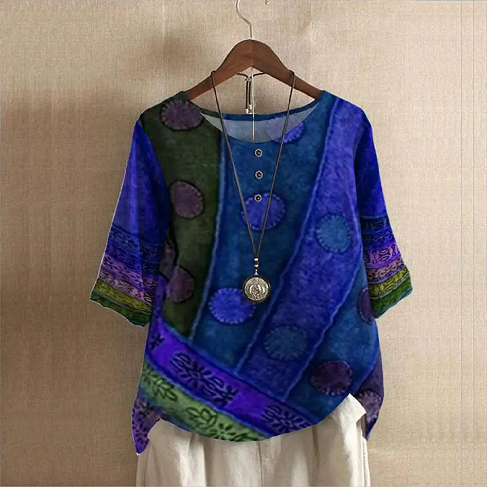 Vintage Print Round Neck Three-Quarter Sleeve Top