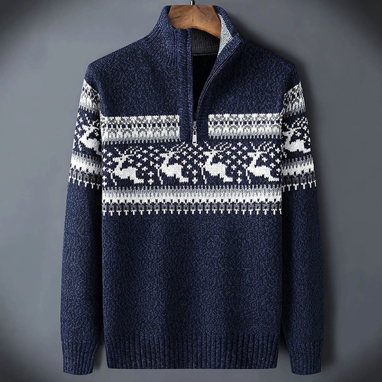 Pull à demi-zip pour homme, motif jacquard Fair Isle avec rennes