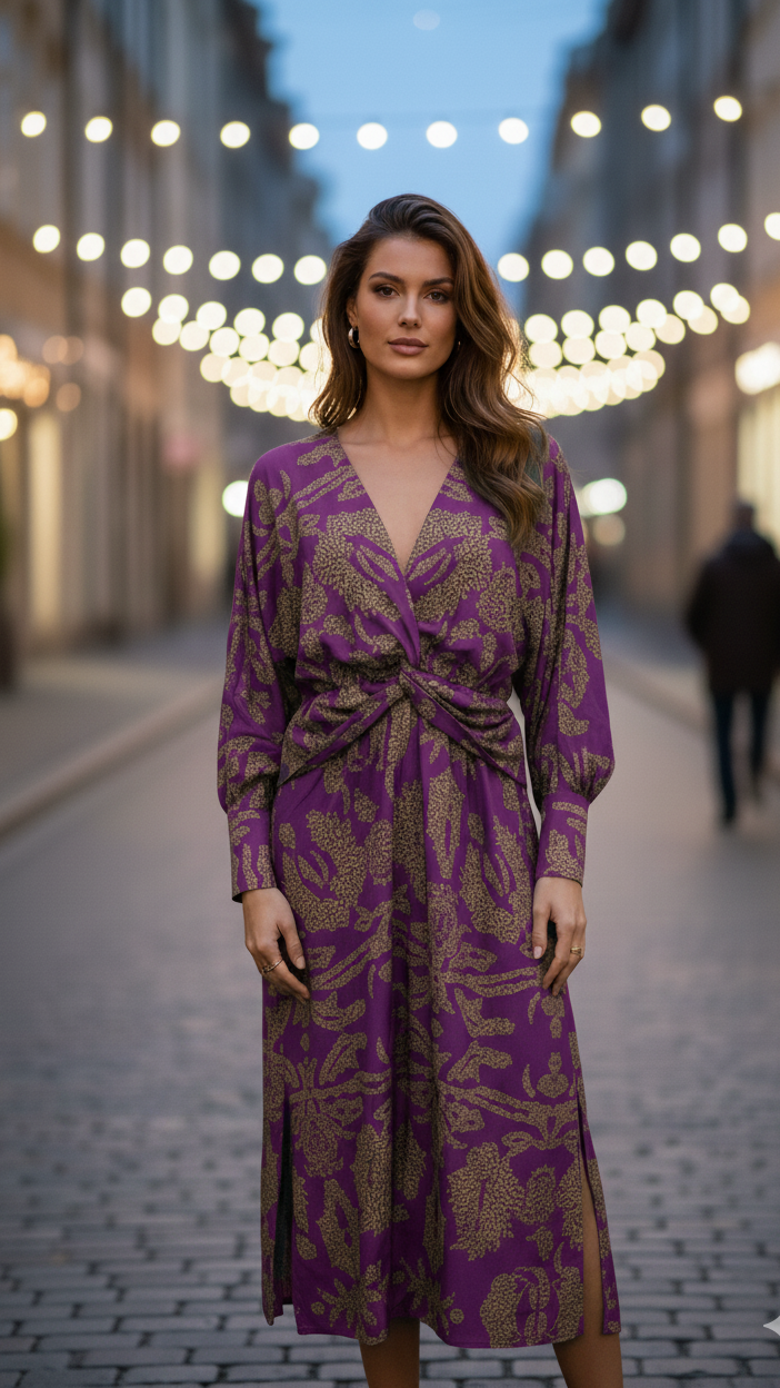 Women's Twist Front V-Neck Printed Midi Dress