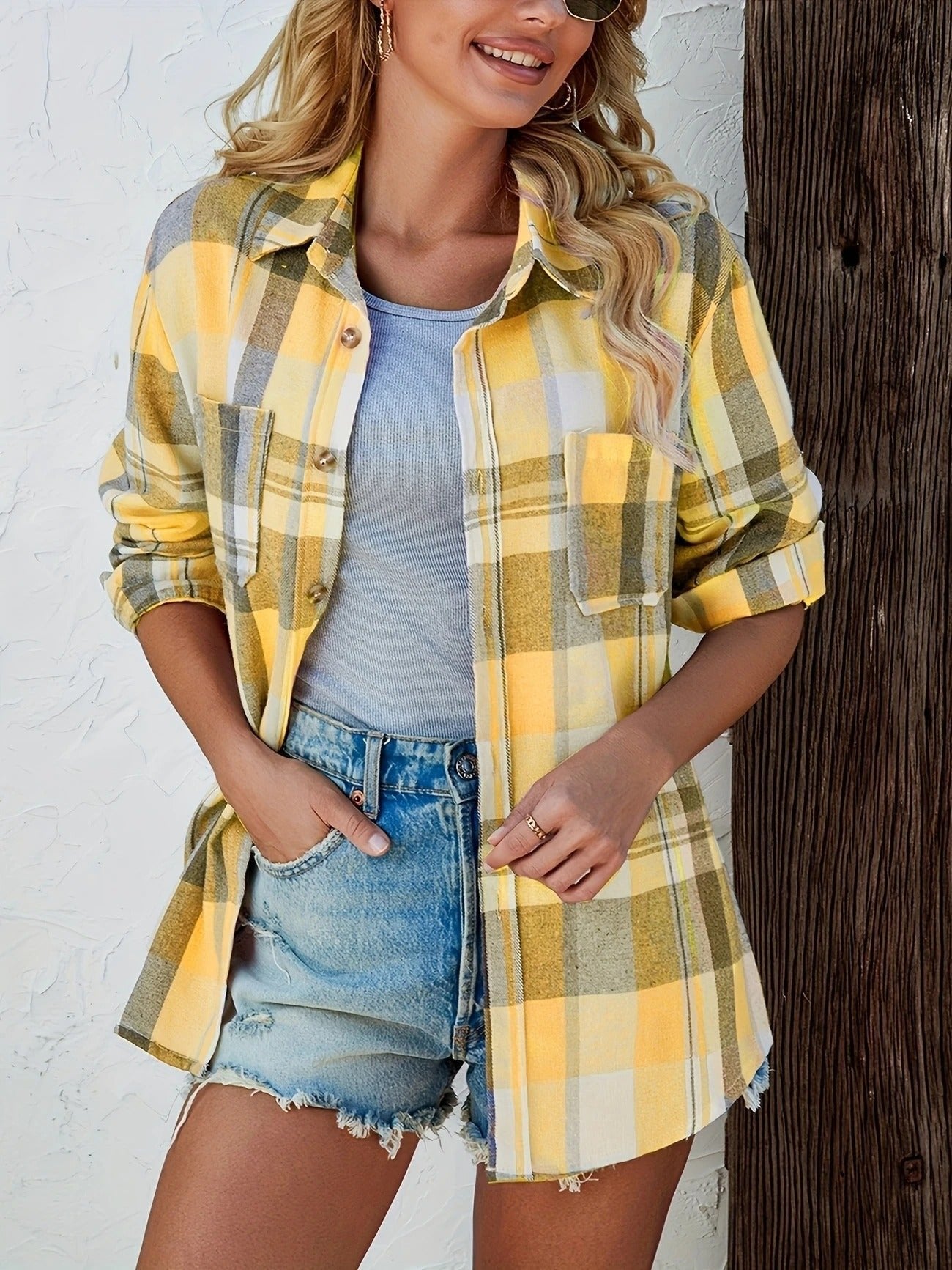 Surchemise-chemise en flanelle à carreaux oversize pour femme, boutonnée