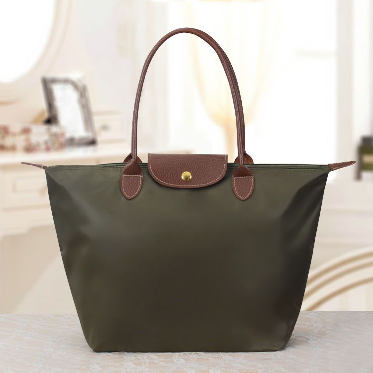 Sac cabas pliable en nylon avec bordure en cuir