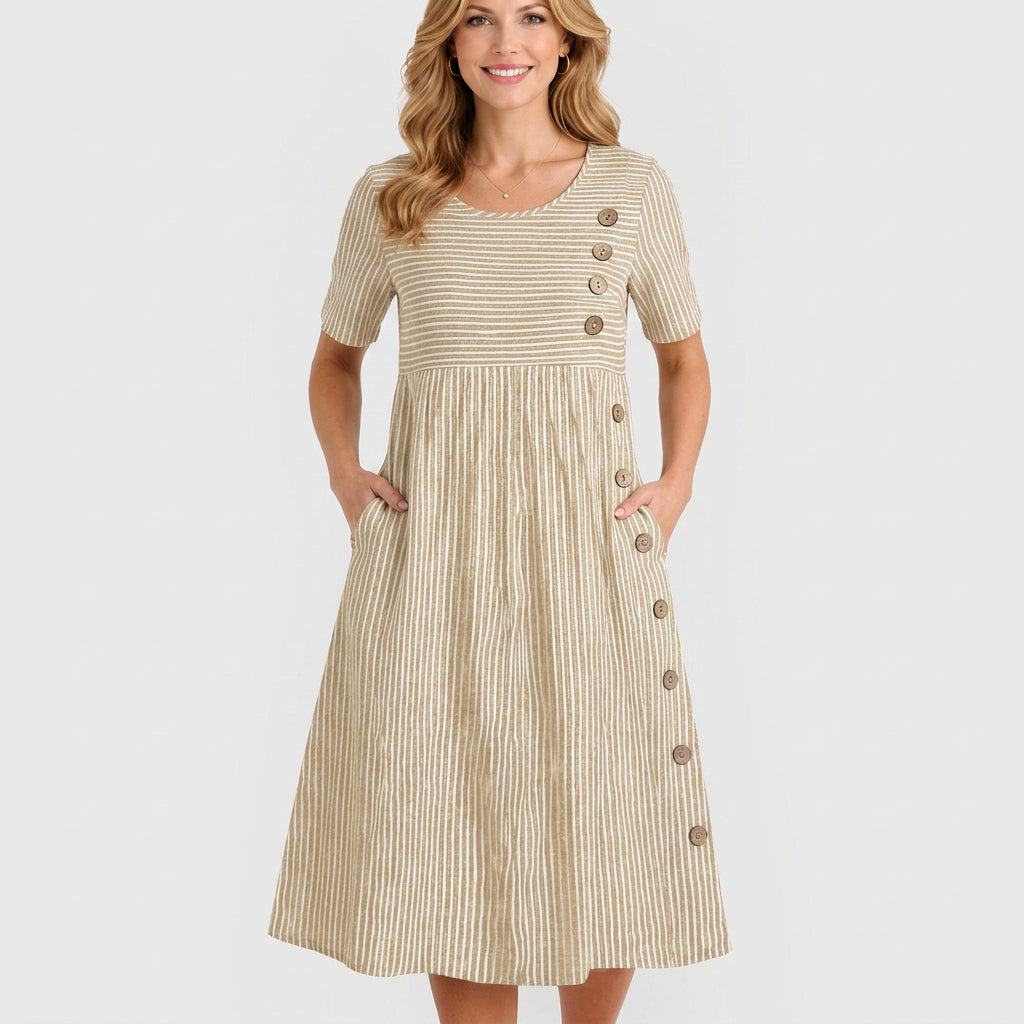 Women’s Striped Midi Dress – Short Sleeve Button Detail Pocket Style
