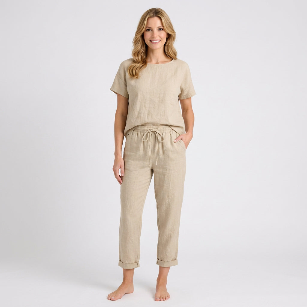 Women’s Drawstring Linen Pants – Elastic Waist Straight Leg Style