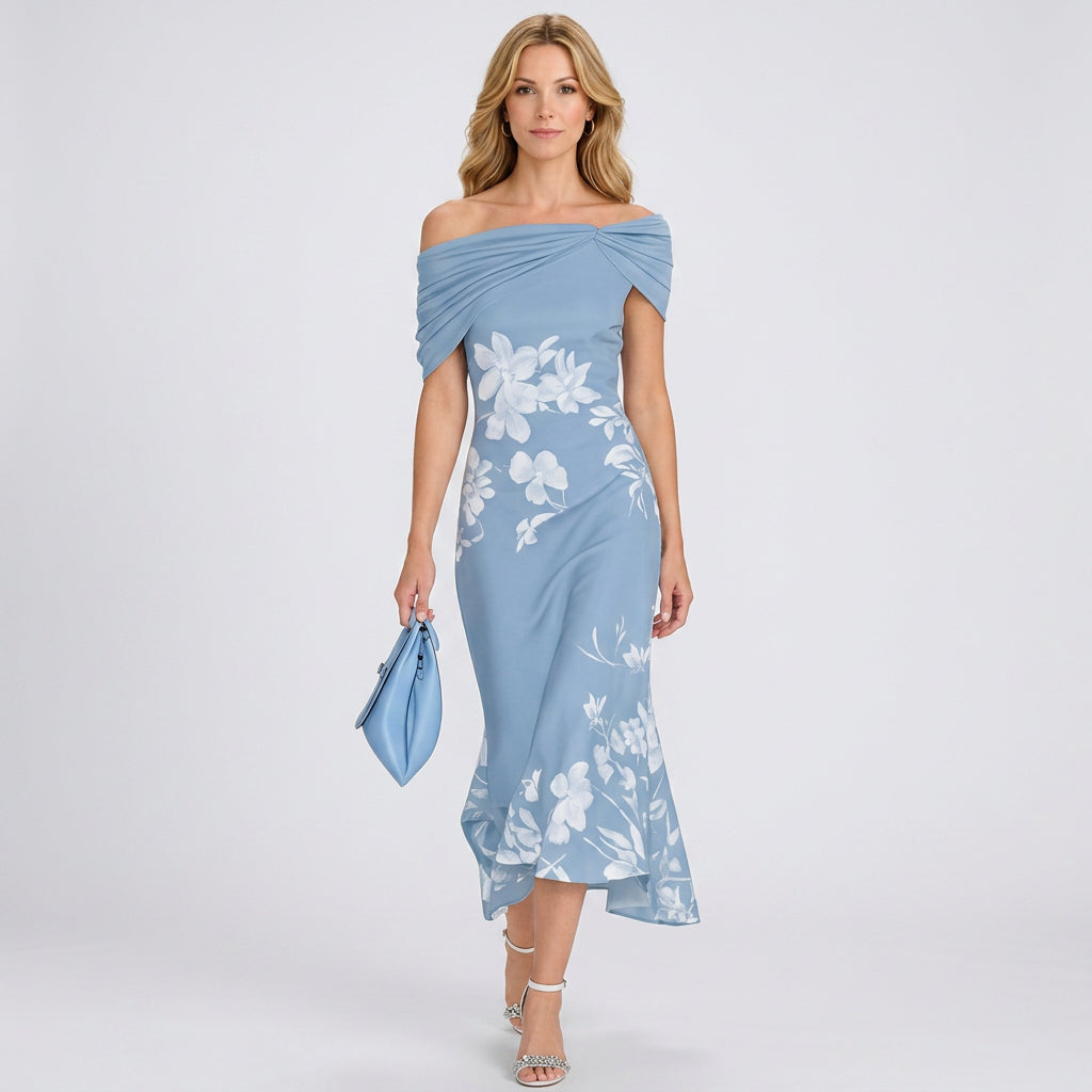 Floral Off Shoulder Midi Dress – Ruched Neck Occasion Style