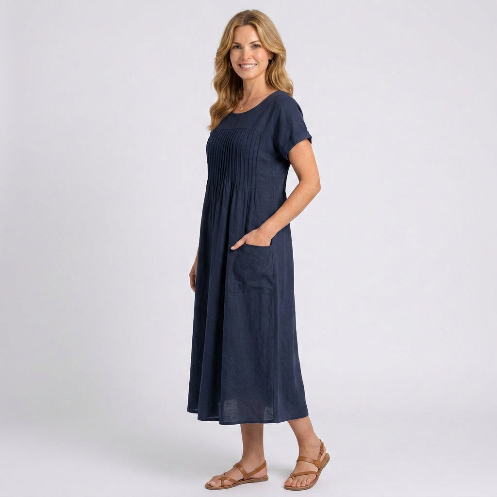 Pleated Front Midi Dress – Short Sleeve Pocket Casual Style