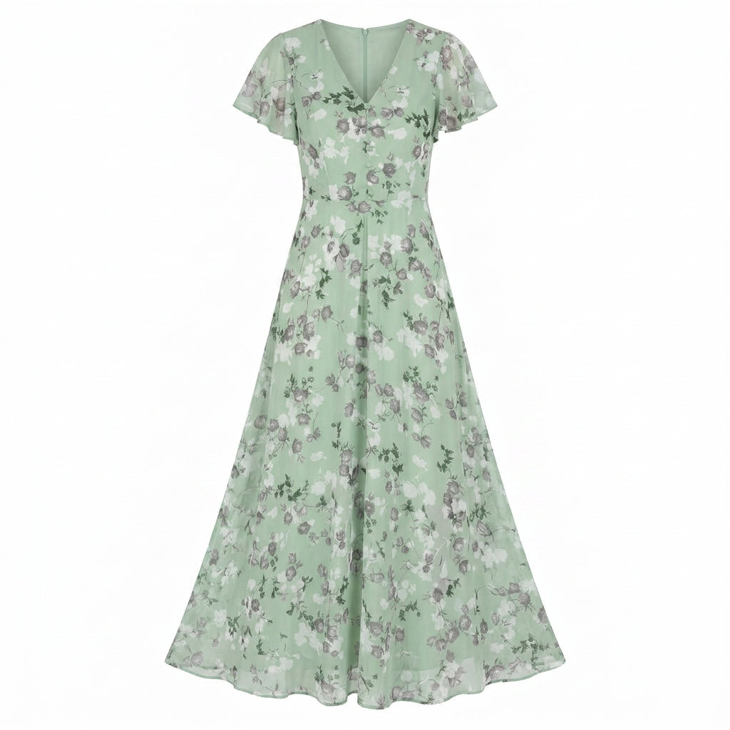 Women’s Floral Maxi Dress – V Neck Flutter Sleeve Long Dress
