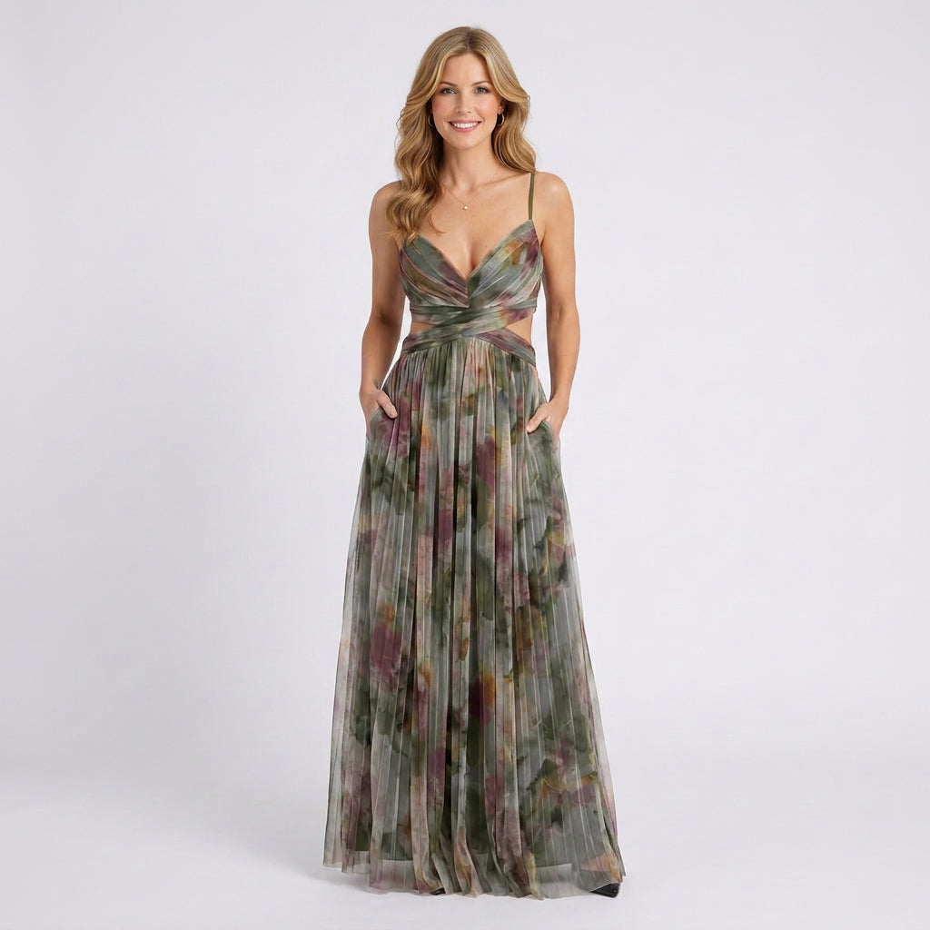 Floral Maxi Dress Women’s Strappy Pleated Occasion Dress