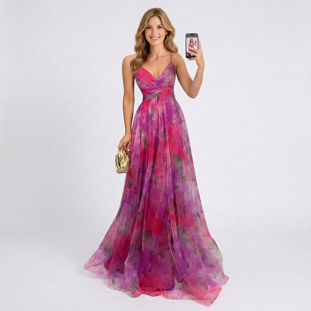 Floral Maxi Dress Women’s Strappy Pleated Occasion Dress